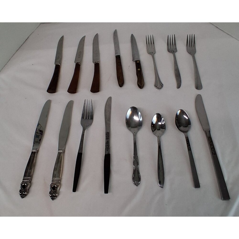 Stainless Steel Flatware Lot of 16 Assorted Brands & Mixed Forks Knives & Spoons